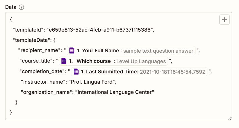Zapier data mapping for PDFBolt template