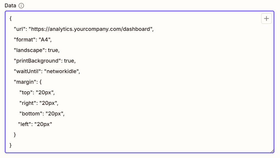 Zapier configuration for URL to PDF dashboard capture