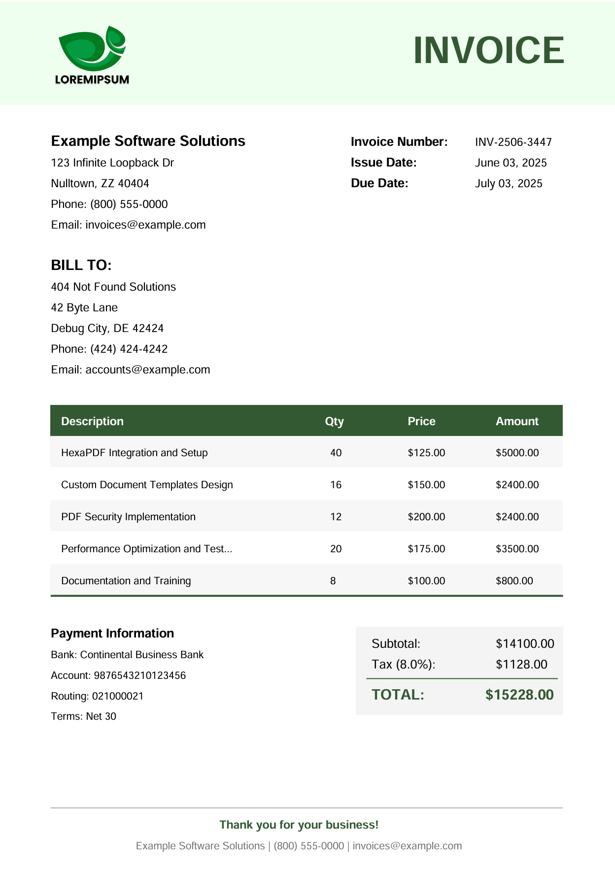 Professional business invoice with company branding, detailed line items table, and financial calculations generated using HexaPDF in Ruby on Rails