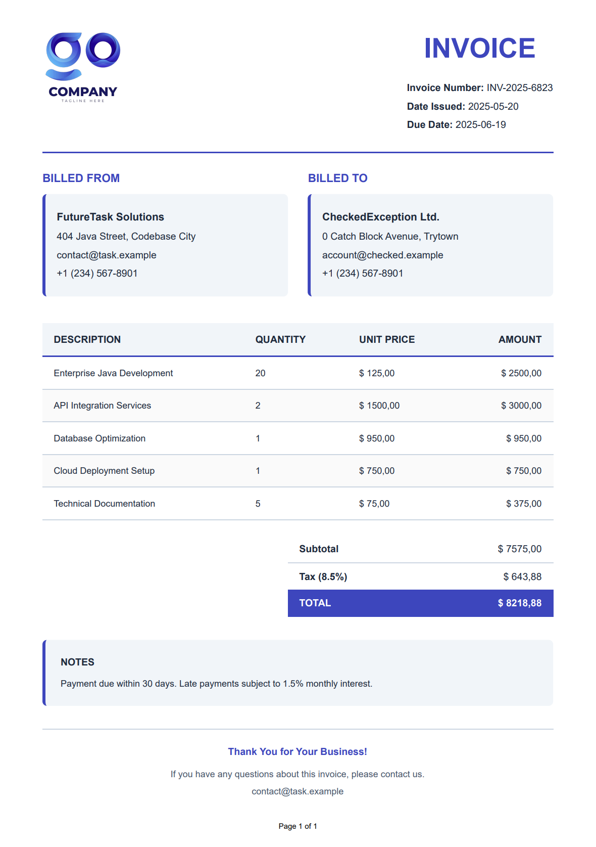 PDF Invoice Generated with Playwright in Java