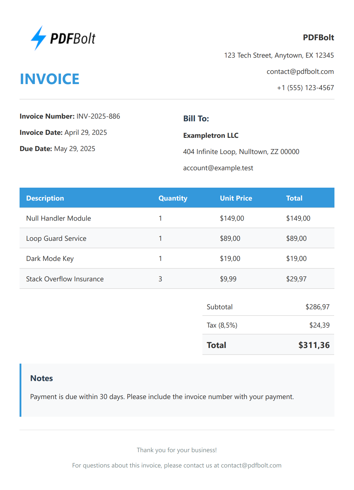 Example of a generated invoice from HTML to PDF created using PuppeteerSharp