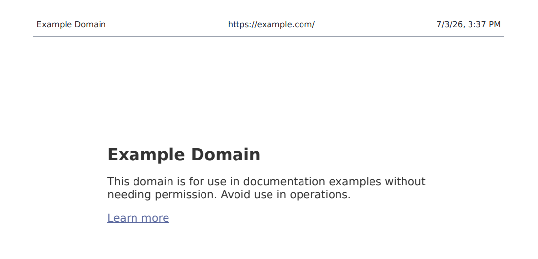 HTML to PDF header with document title, URL, and date