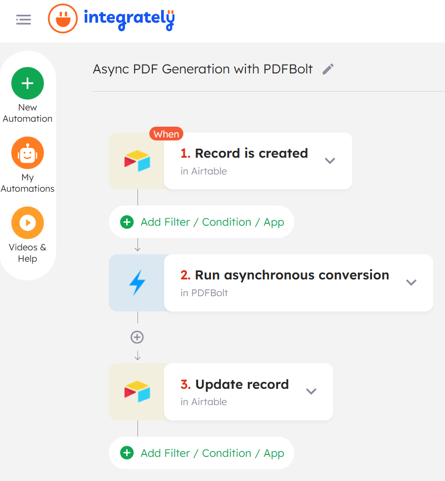 Complete Integrately automation workflow with async PDFBolt lease agreement generation