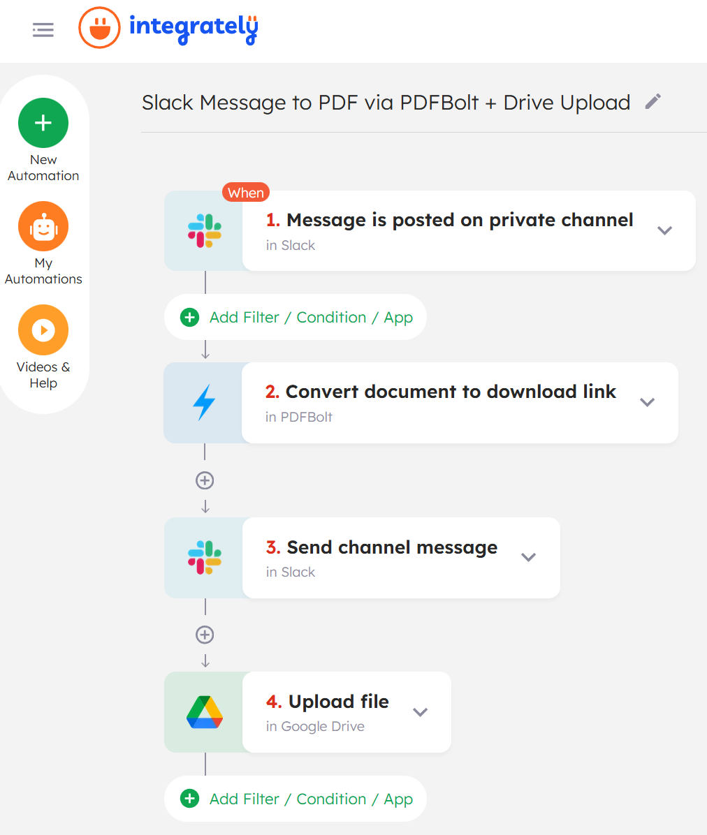 Complete Integrately automation workflow with Slack trigger, PDFBolt URL conversion, and Google Drive archive
