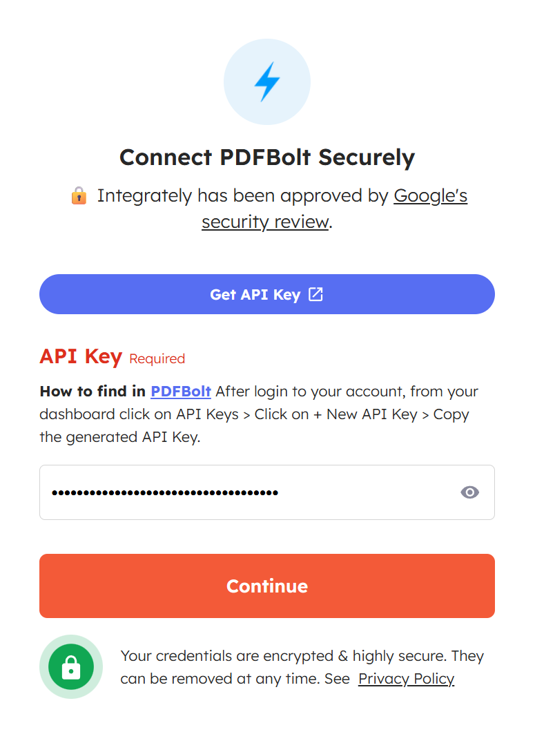 Connect PDFBolt to Integrately by entering your API key
