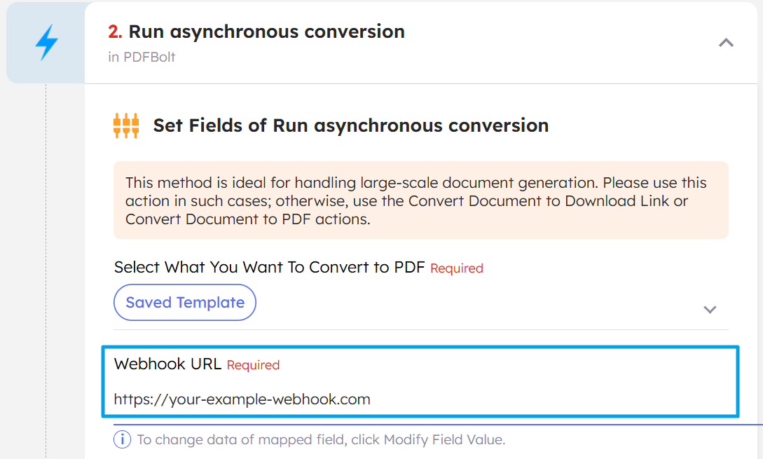 Configure webhook URL in PDFBolt async action in Integrately