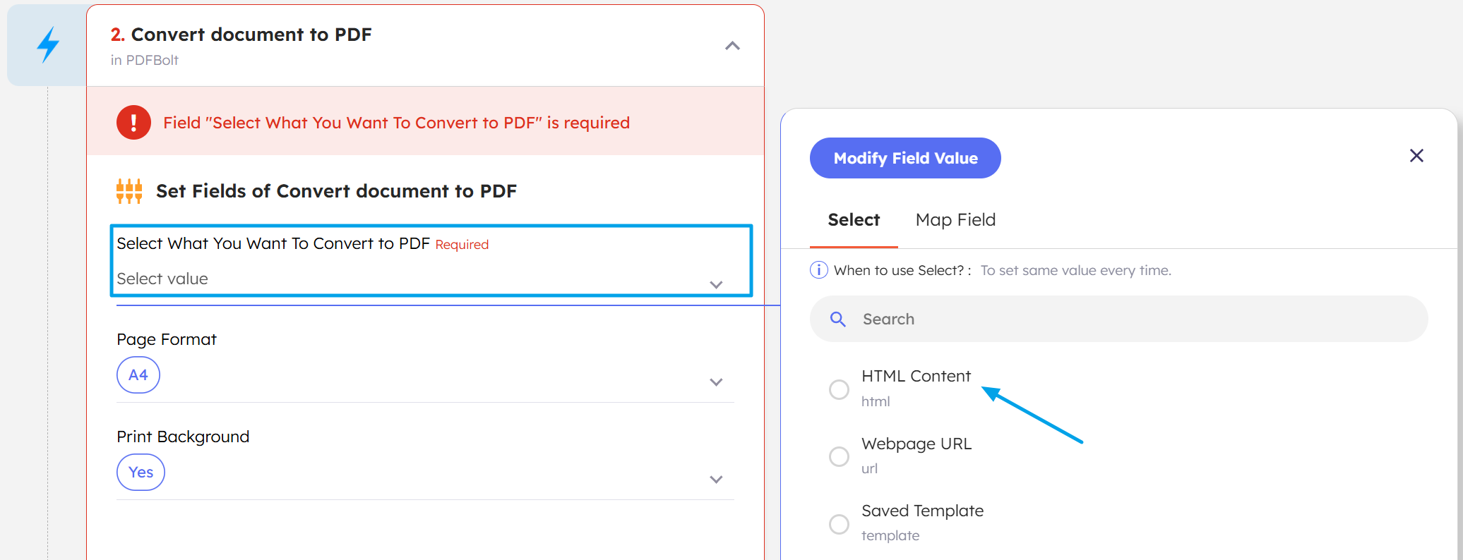 Select HTML as source in Integrately PDFBolt action