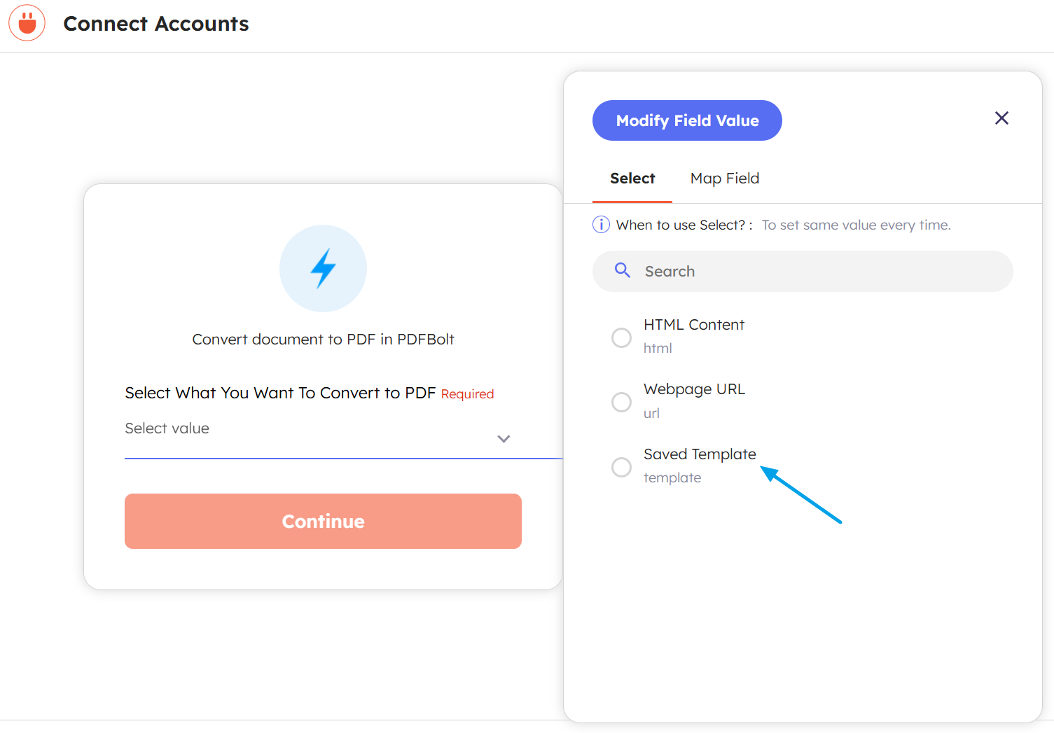 Select template as your PDF source in Integrately PDFBolt action