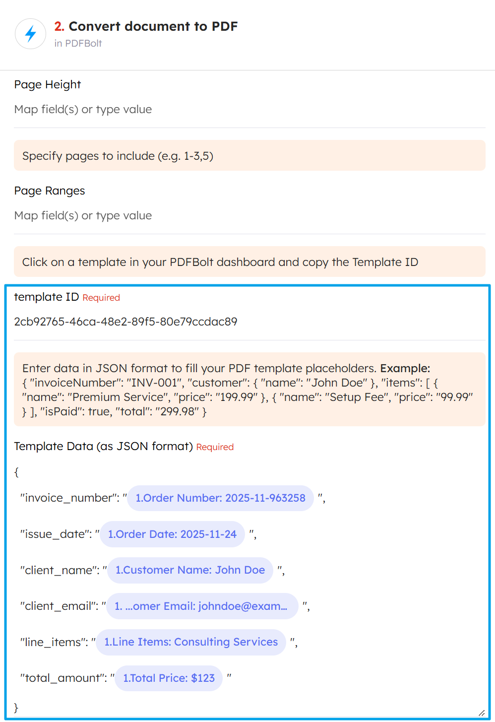 Configure template ID and template data fields in Integrately
