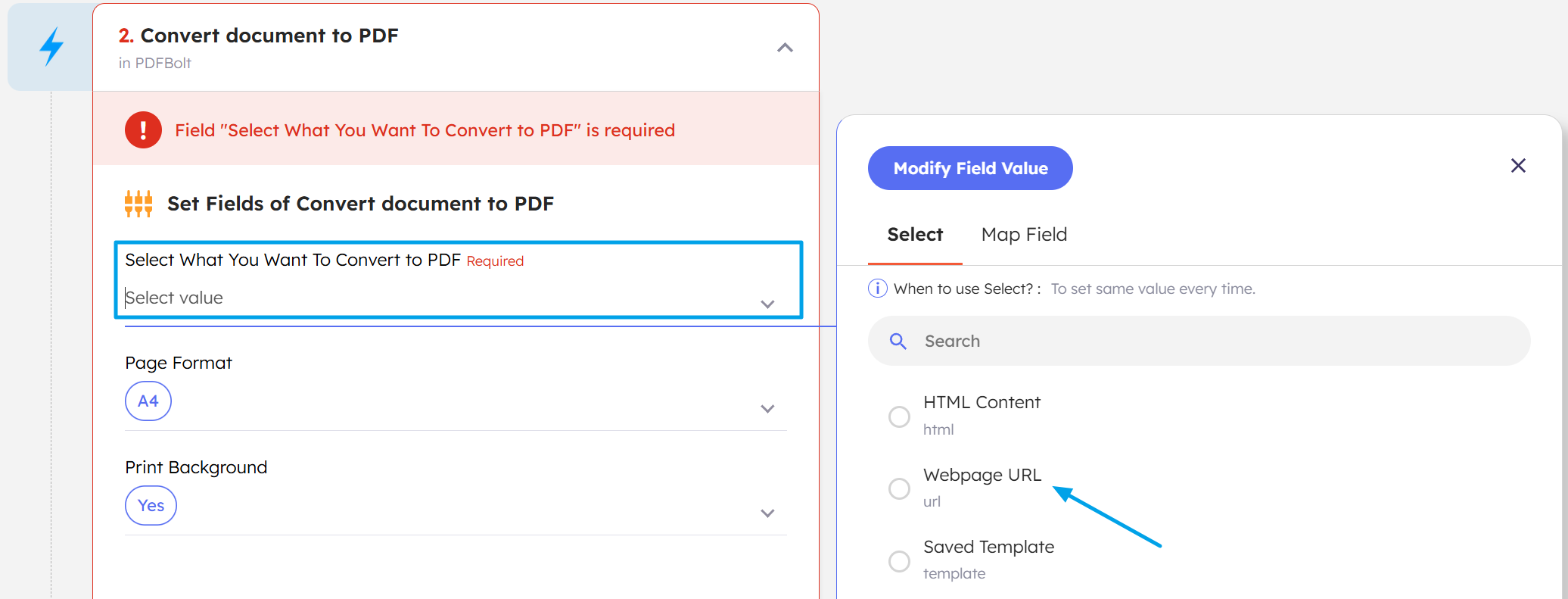 Select Webpage URL as source in Integrately PDFBolt action
