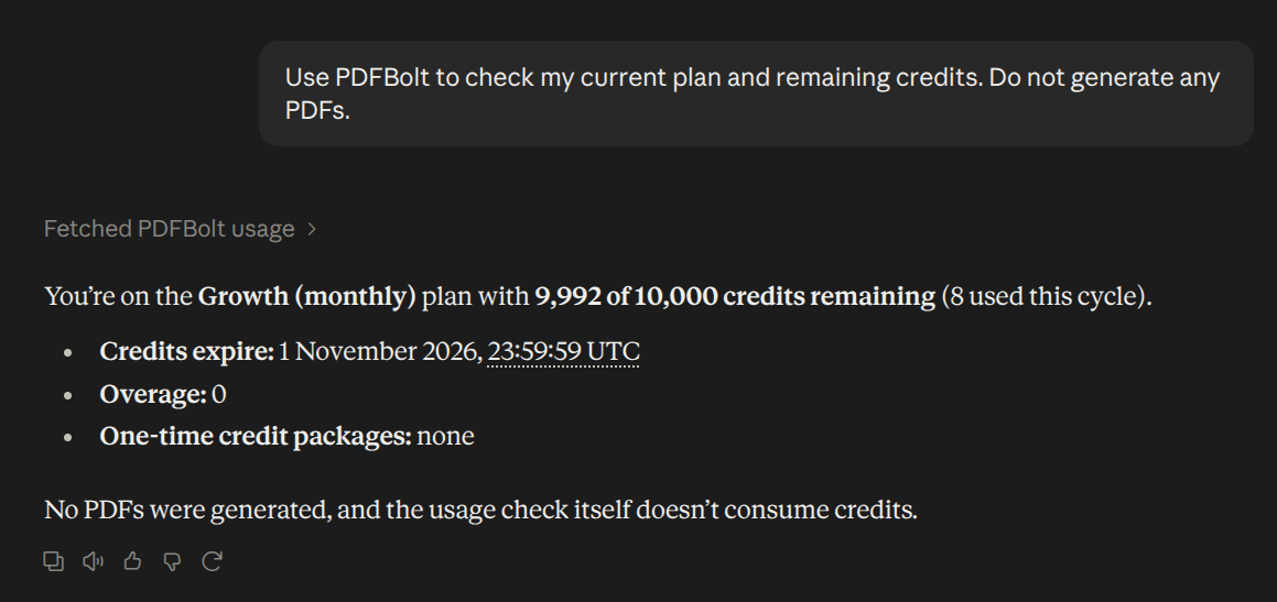 Claude returning the PDFBolt plan and remaining credits after a usage check