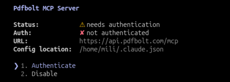 Claude Code MCP menu with the Authenticate option for PDFBolt