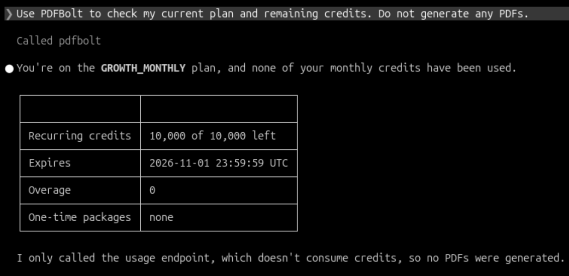Claude Code showing the PDFBolt plan and remaining PDF generation credits