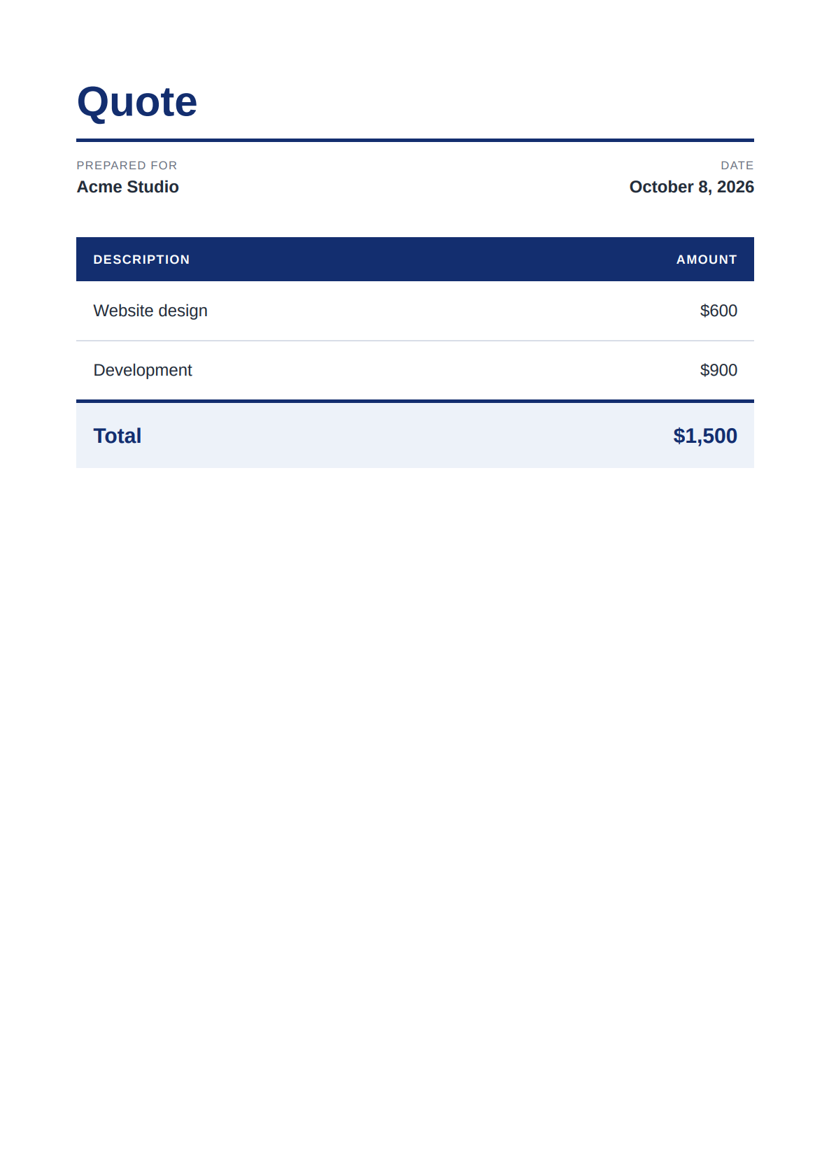 PDF quote generated with Claude Code and PDFBolt for Acme Studio, totaling $1,500