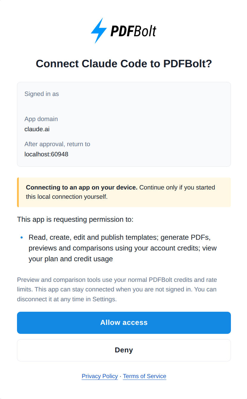 PDFBolt OAuth permissions screen for connecting Claude Code