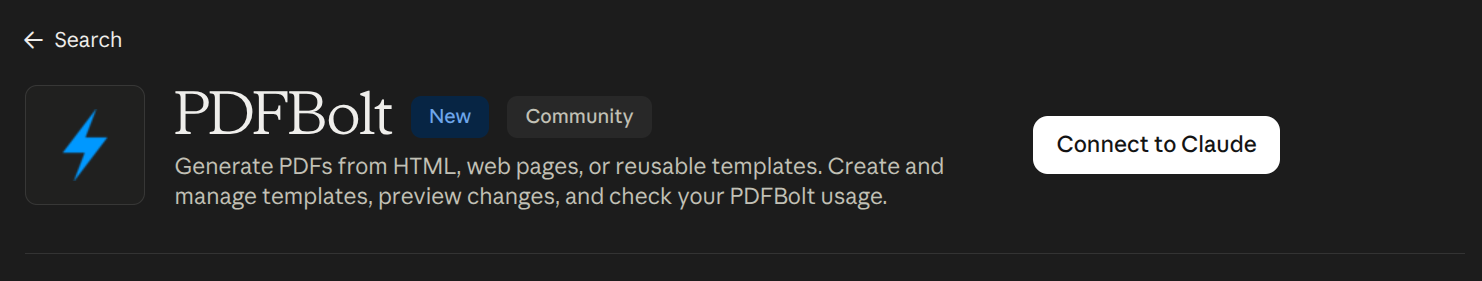 PDFBolt connector in Claude with the Connect to Claude button