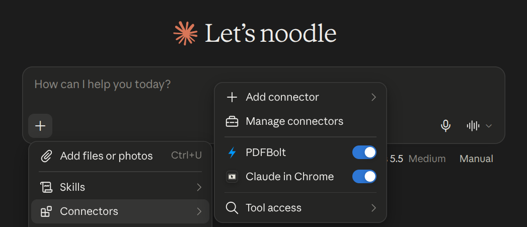 PDFBolt enabled in the Connectors menu of a Claude conversation