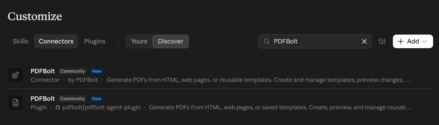 PDFBolt connector and plugin in the Claude directory search results