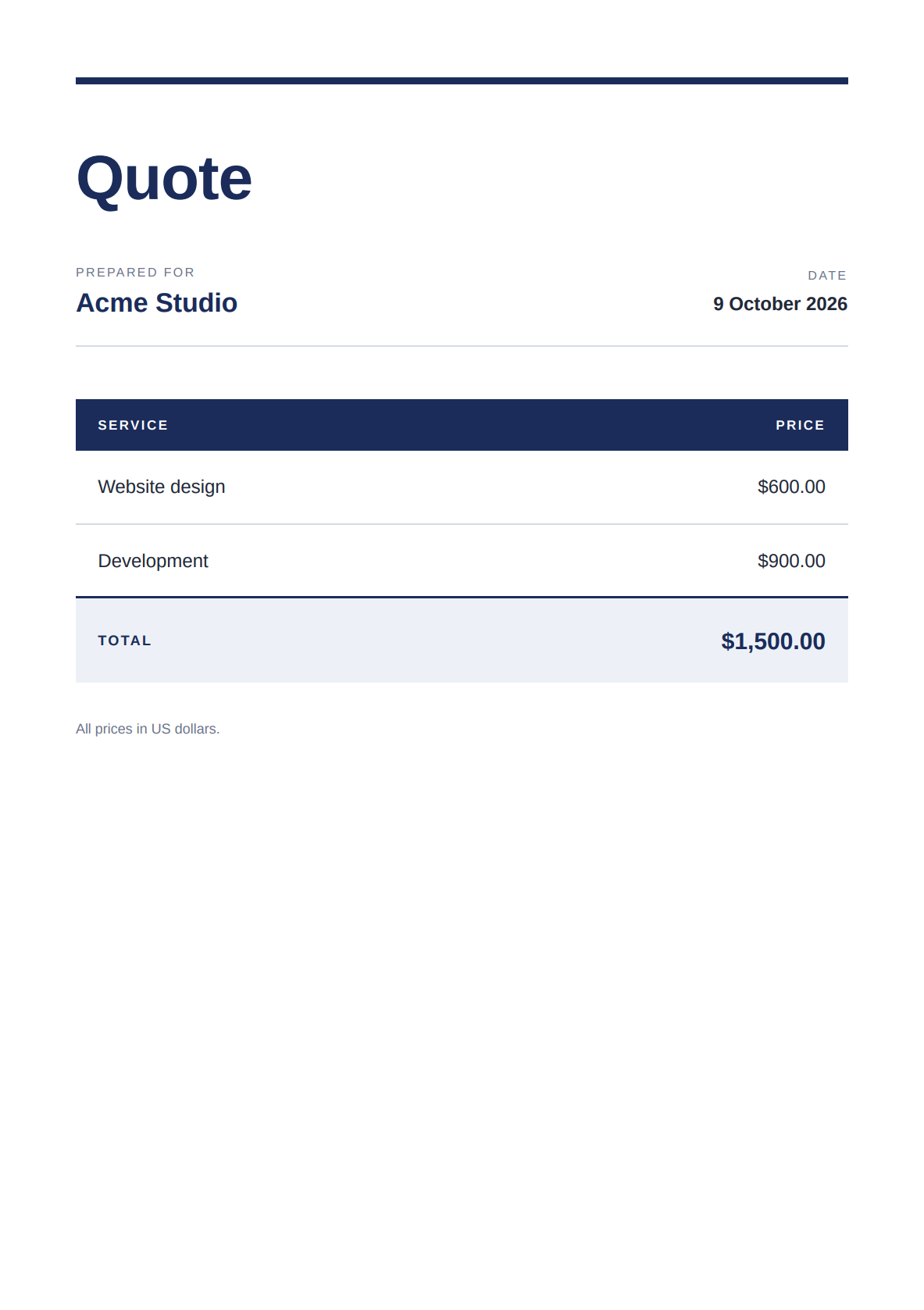 A4 PDF quote created through Claude and PDFBolt with a total of $1,500