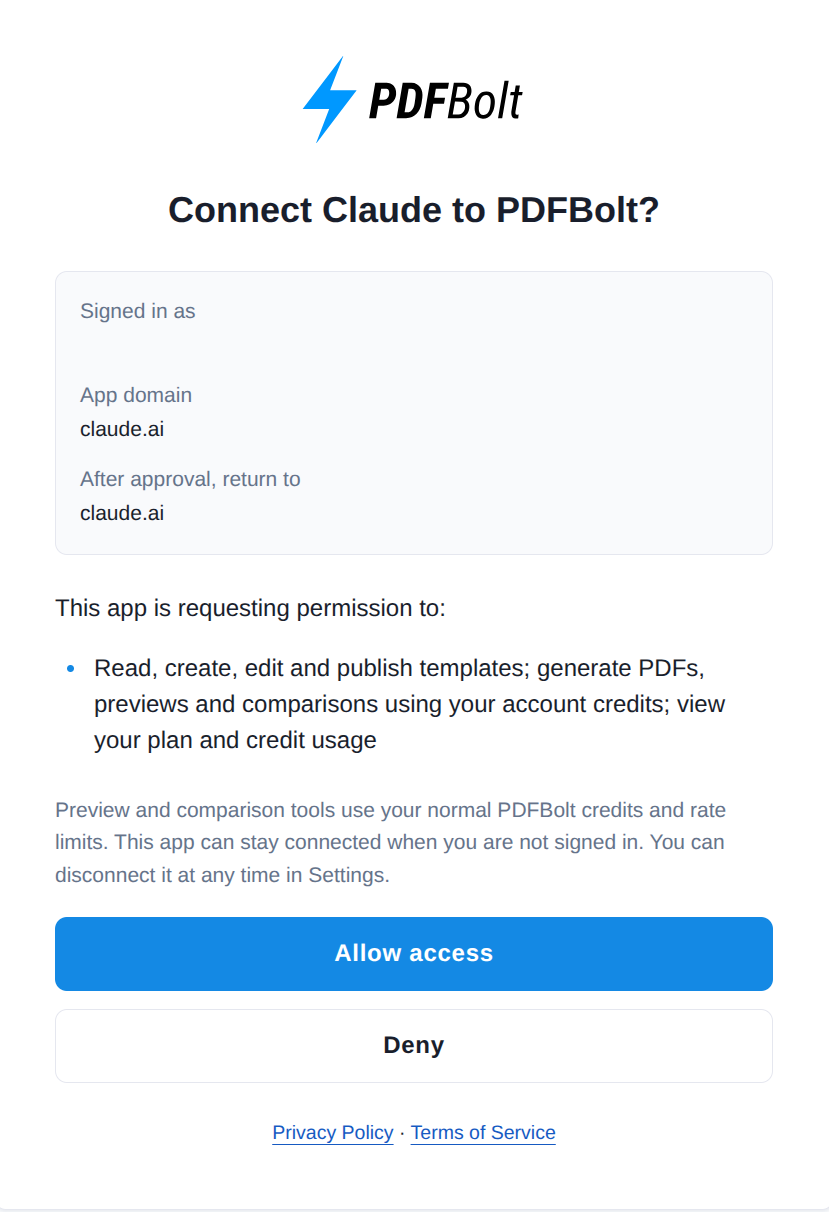 PDFBolt authorization screen for Claude with the Allow access button