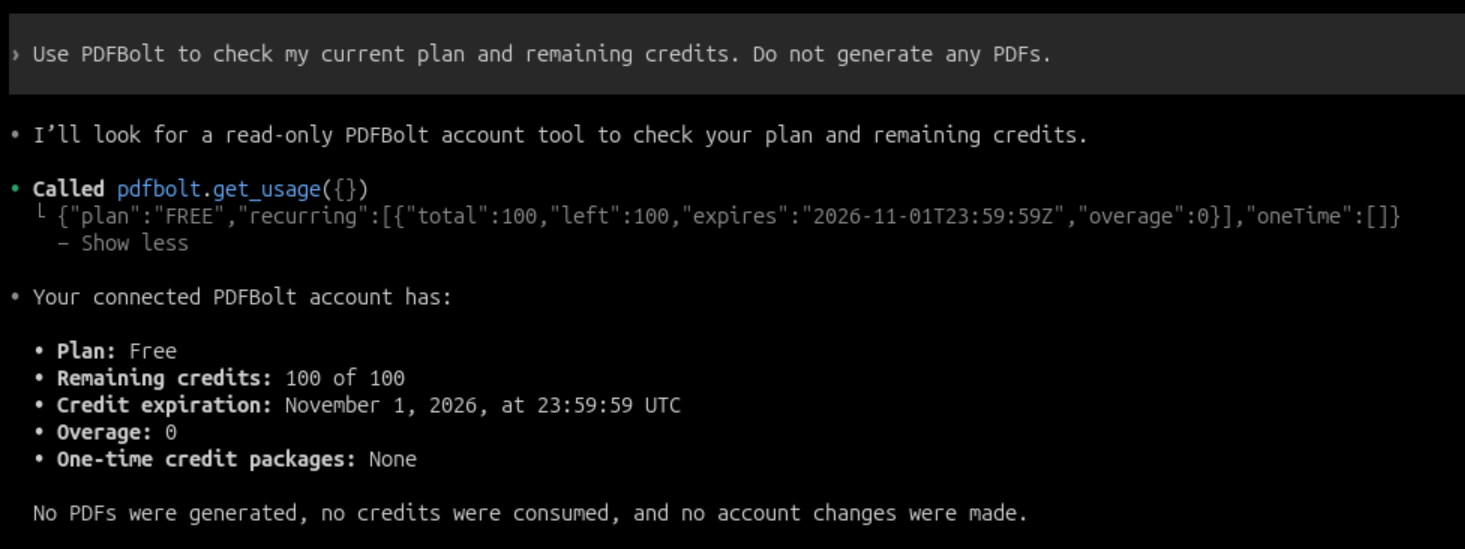 Codex using PDFBolt to check the account plan and remaining credits