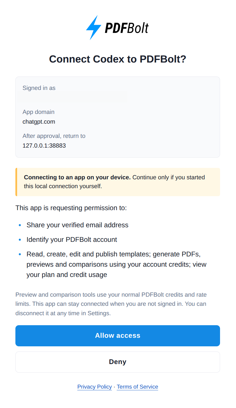 PDFBolt OAuth consent screen for connecting Codex