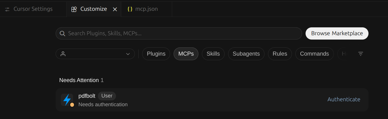 PDFBolt awaiting authentication in Cursor