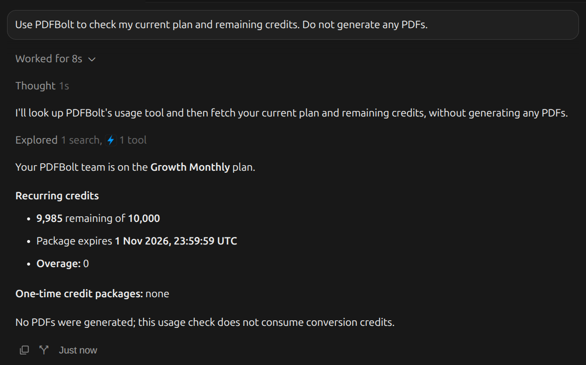 Cursor showing the PDFBolt plan and remaining credits