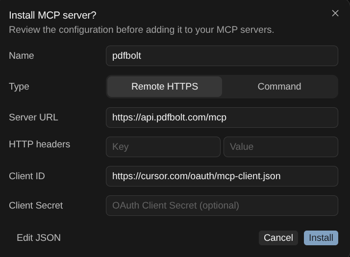 Cursor installation dialog with the PDFBolt server URL and OAuth Client ID filled in