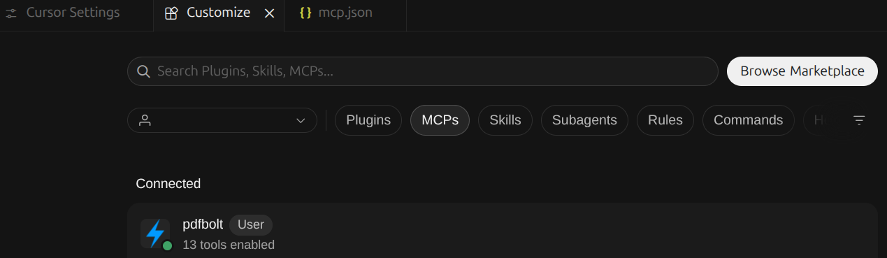 PDFBolt connected in Cursor with its tools enabled