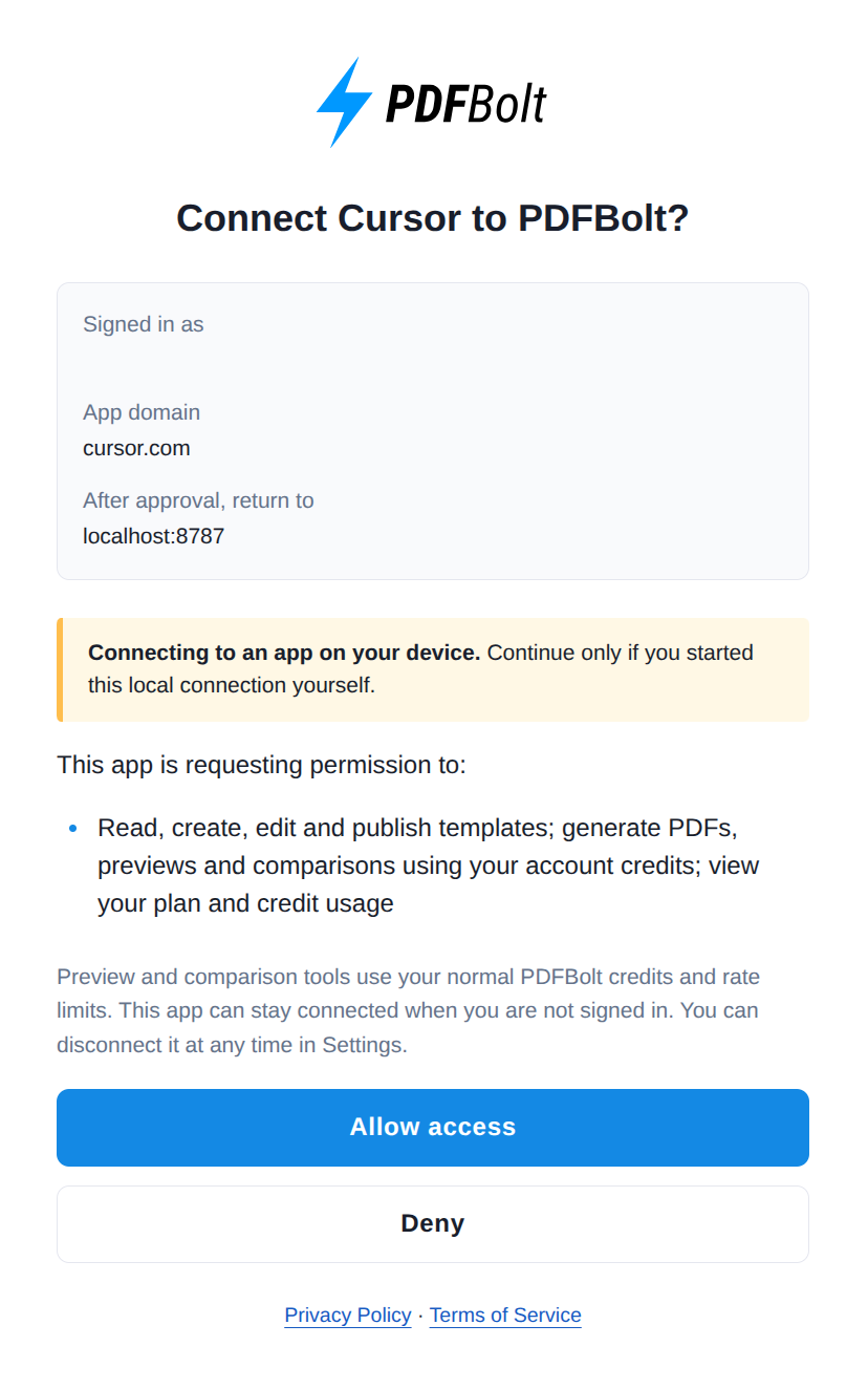 PDFBolt OAuth consent screen for connecting Cursor