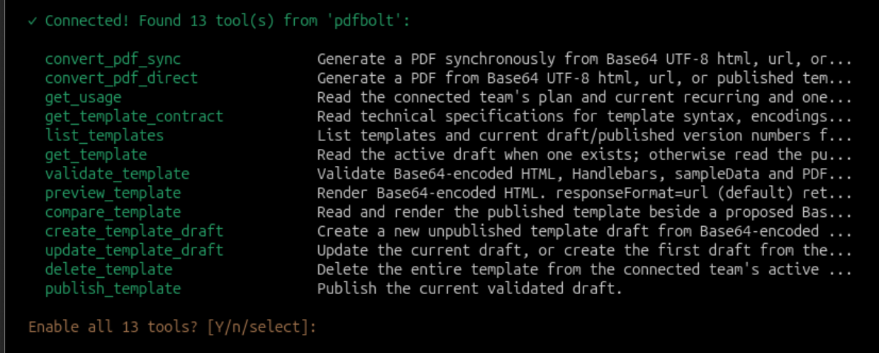 Hermes Agent connected to PDFBolt with MCP tools available