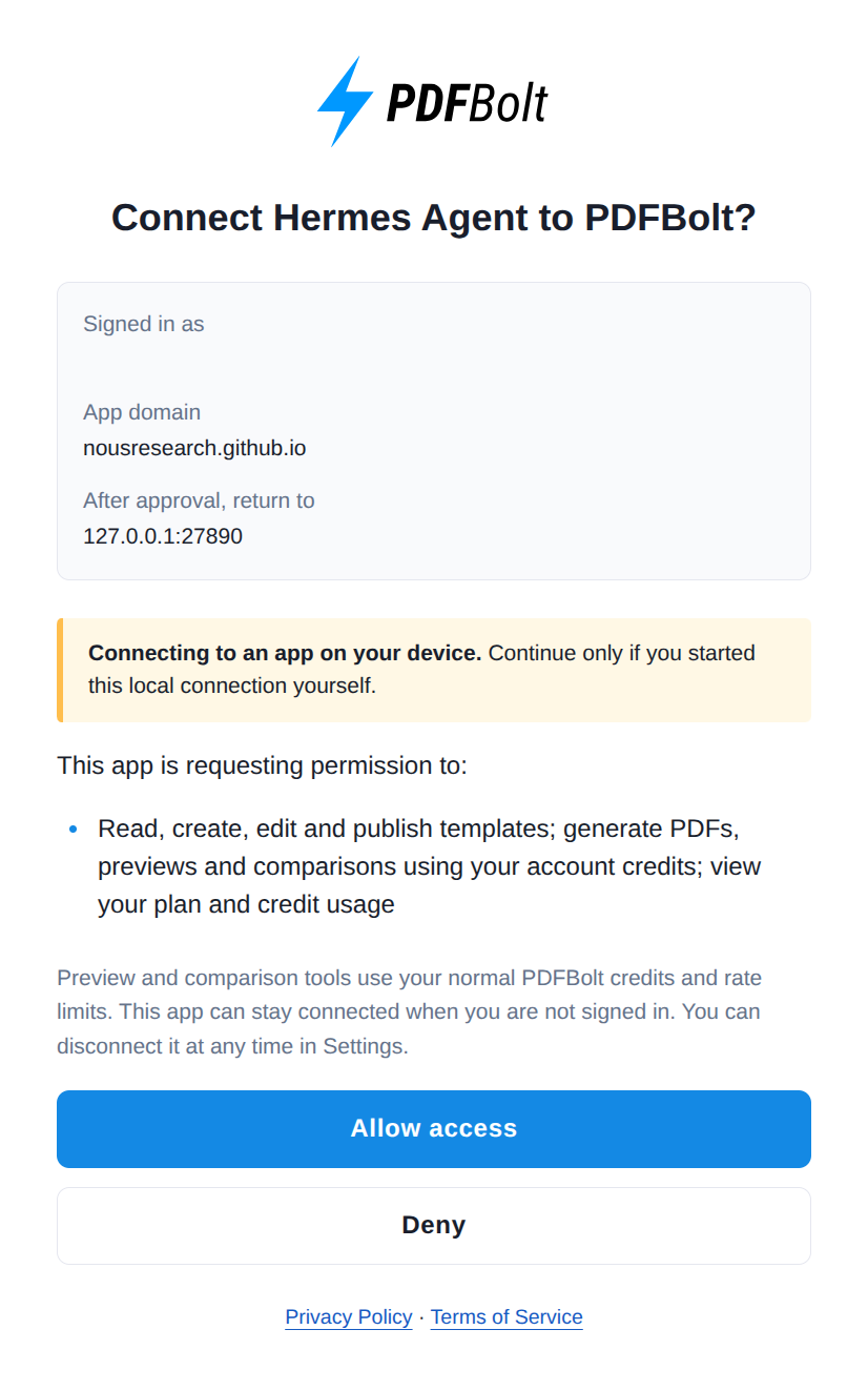 PDFBolt authorization screen for Hermes Agent