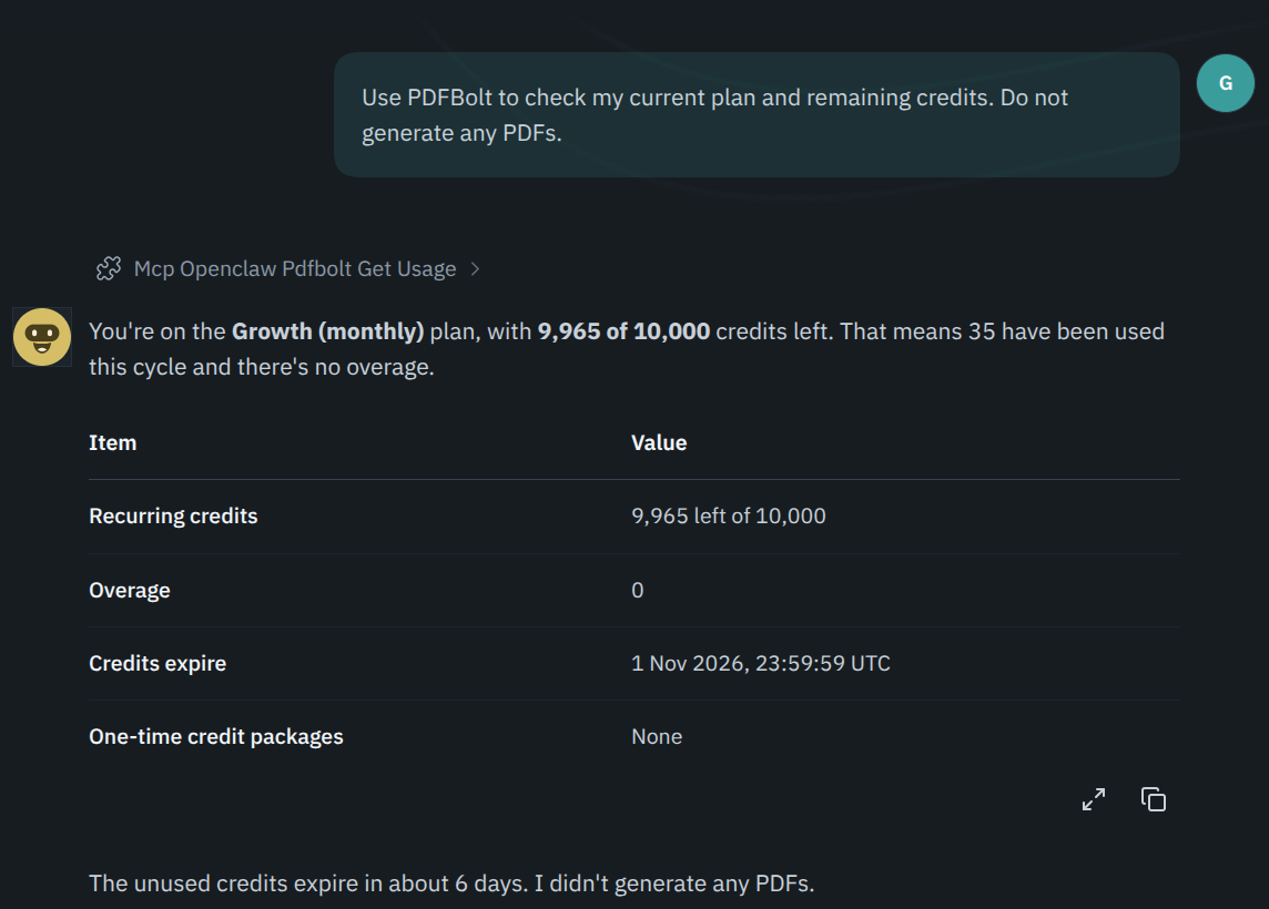 OpenClaw calling PDFBolt to show the current plan and remaining credits