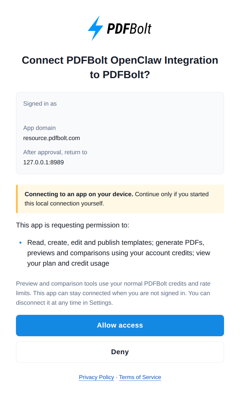 PDFBolt OAuth authorization screen for the OpenClaw integration
