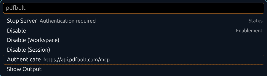 VS Code server menu showing Authenticate for the PDFBolt MCP server