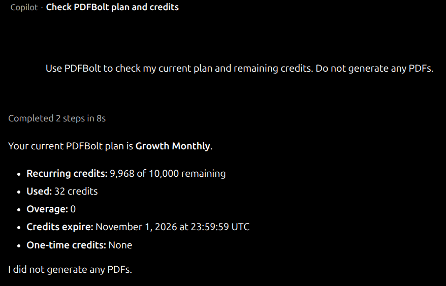 GitHub Copilot showing the PDFBolt plan and remaining credits in VS Code