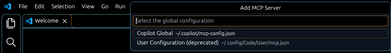 VS Code MCP setup with Copilot Global selected as the configuration location