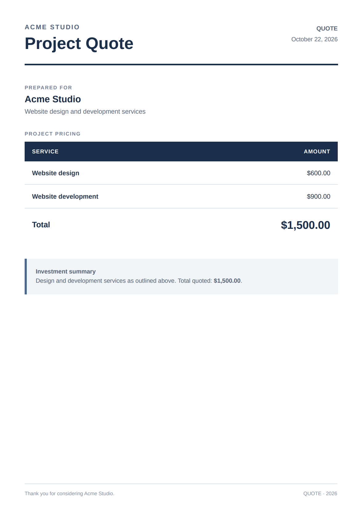 A4 quote generated with VS Code and PDFBolt for Acme Studio, totaling $1,500
