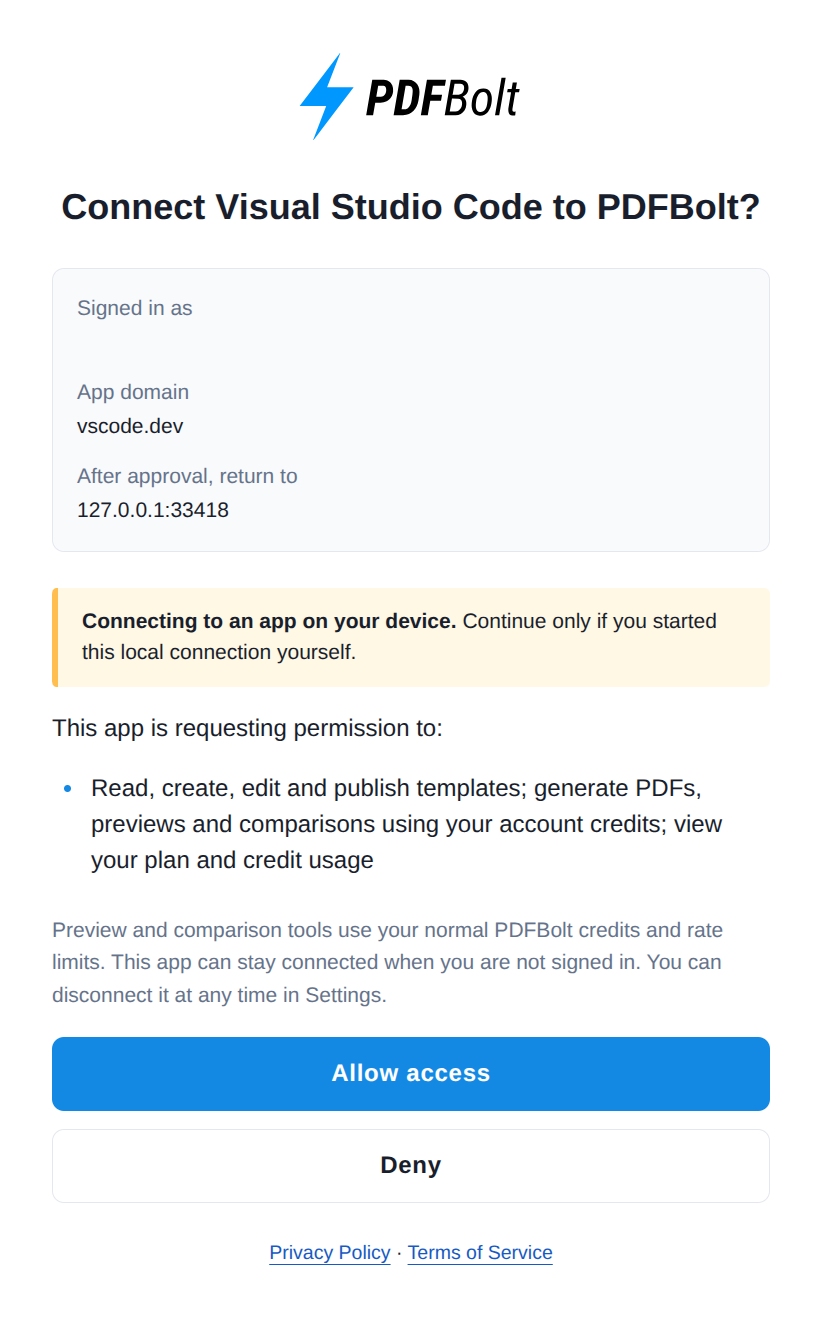PDFBolt OAuth consent screen for connecting Visual Studio Code