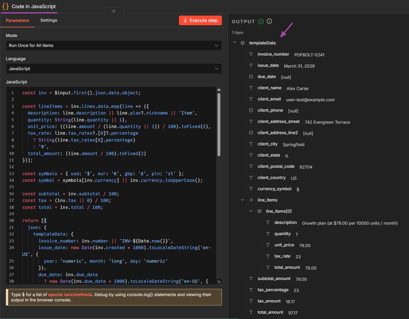 n8n Code node output showing Stripe invoice data mapped to PDFBolt template fields