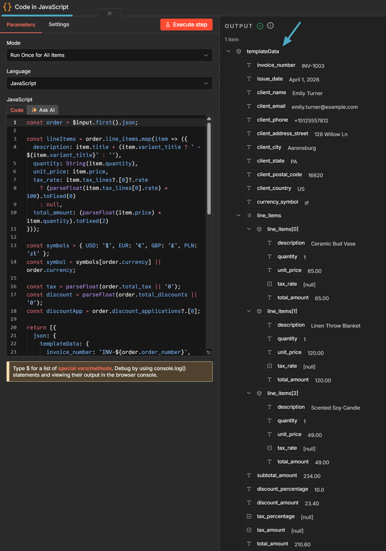 n8n Code node output showing Shopify order data mapped to PDFBolt invoice template fields