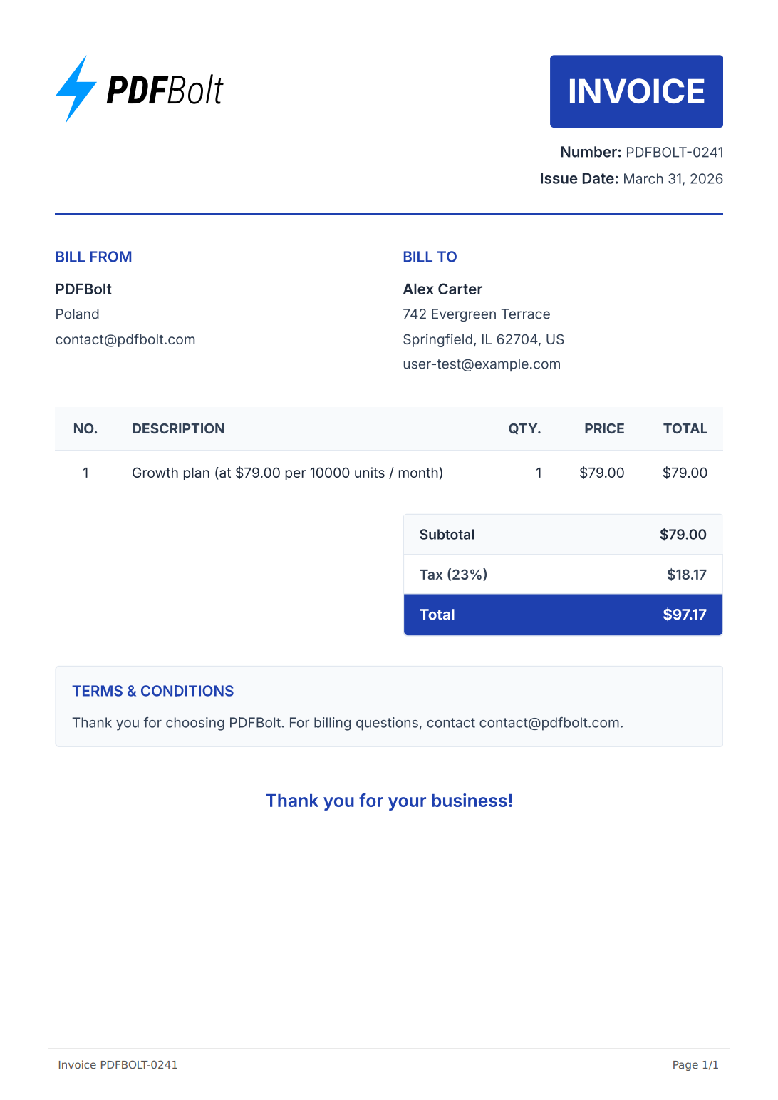 Invoice PDF generated from Stripe payment data using the PDFBolt n8n node