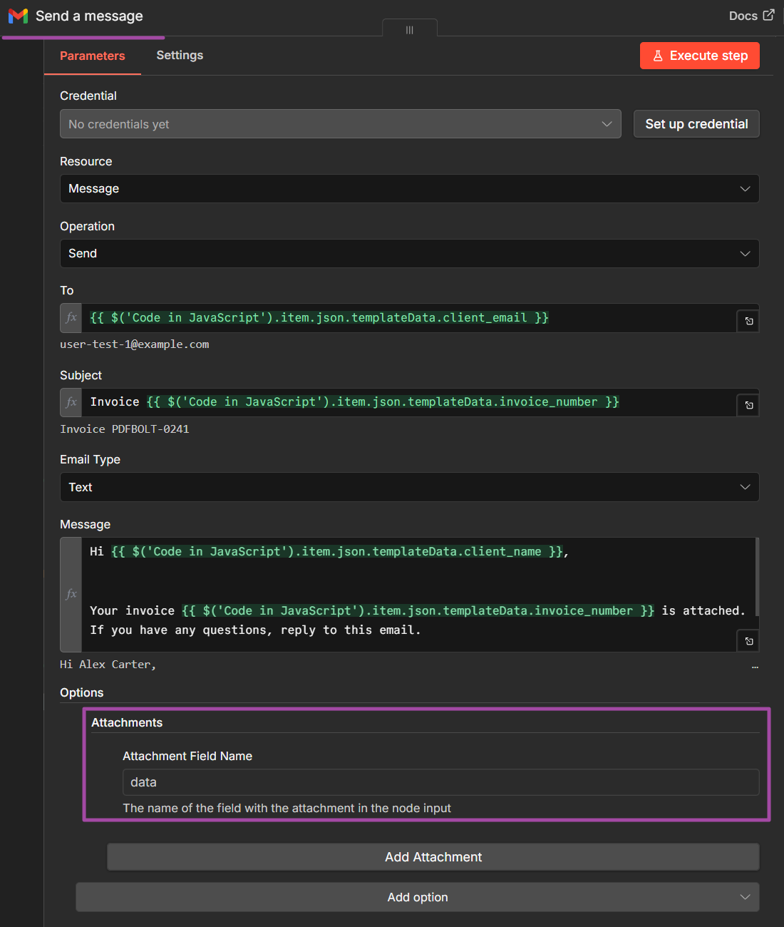 n8n Gmail node configured to send invoice PDF as email attachment