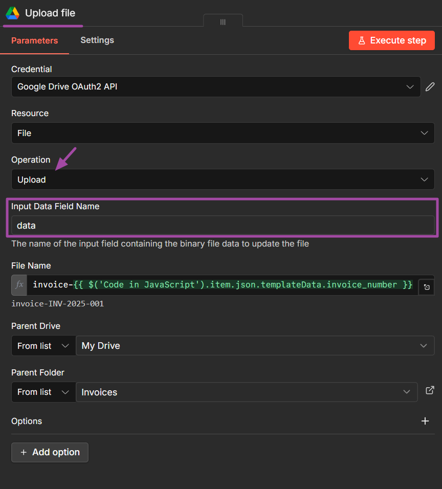 n8n Google Drive node configured to upload invoice PDF to Invoices folder