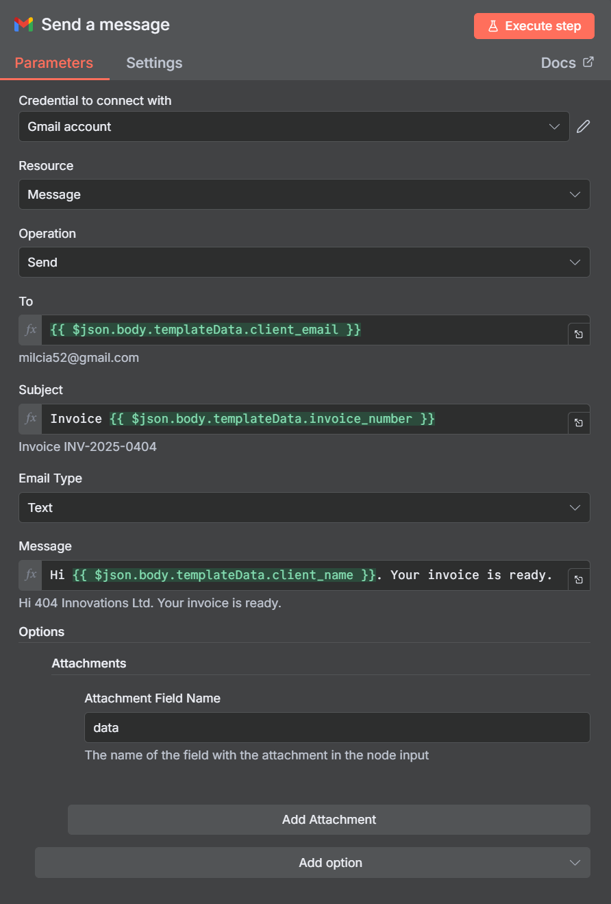 n8n Gmail Send Message node configuration with PDF attachment