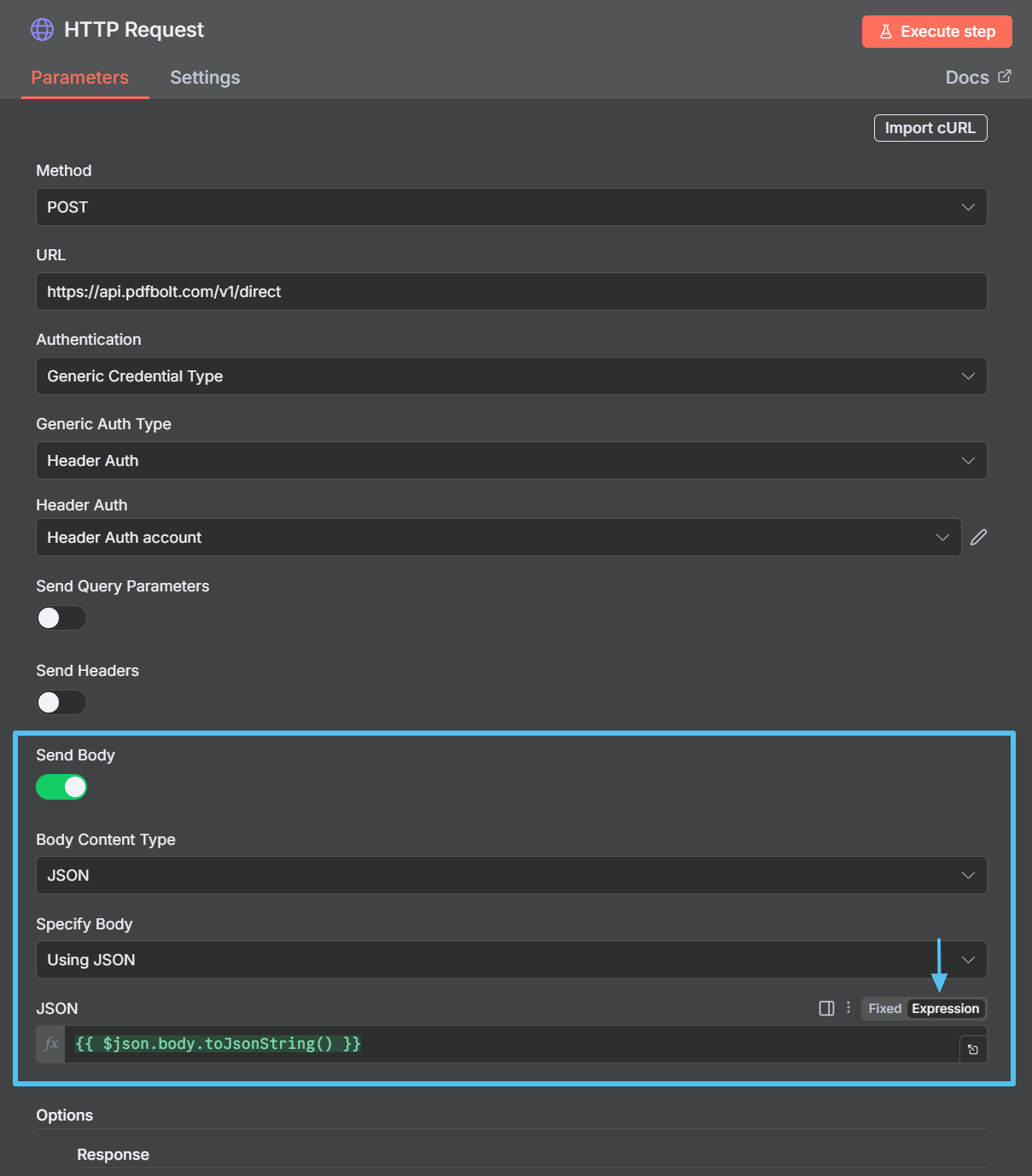 n8n HTTP Request body configuration for PDFBolt API