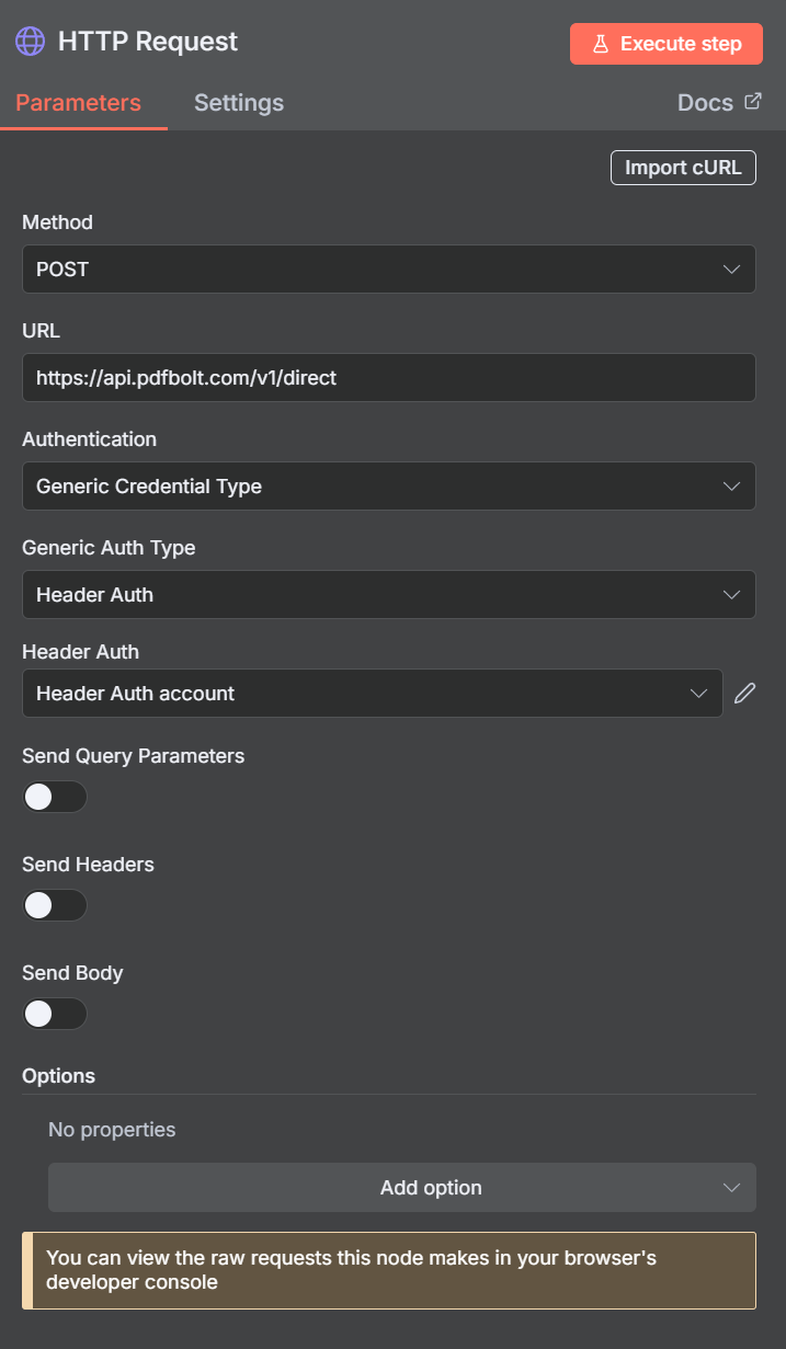 n8n HTTP Request node example configuration for PDFBolt API integration