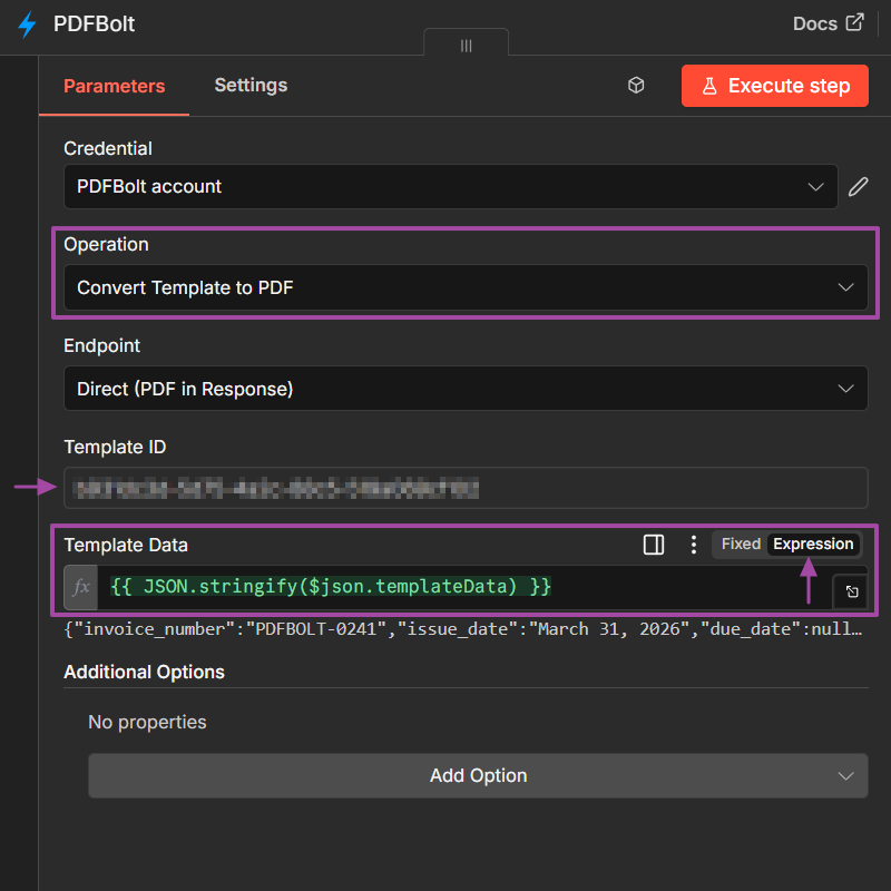PDFBolt community node in n8n configured for invoice template PDF generation