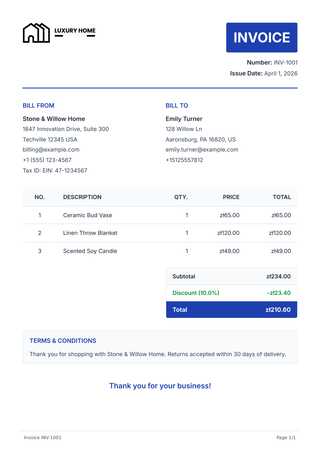 Example invoice PDF generated from Shopify order data with PDFBolt